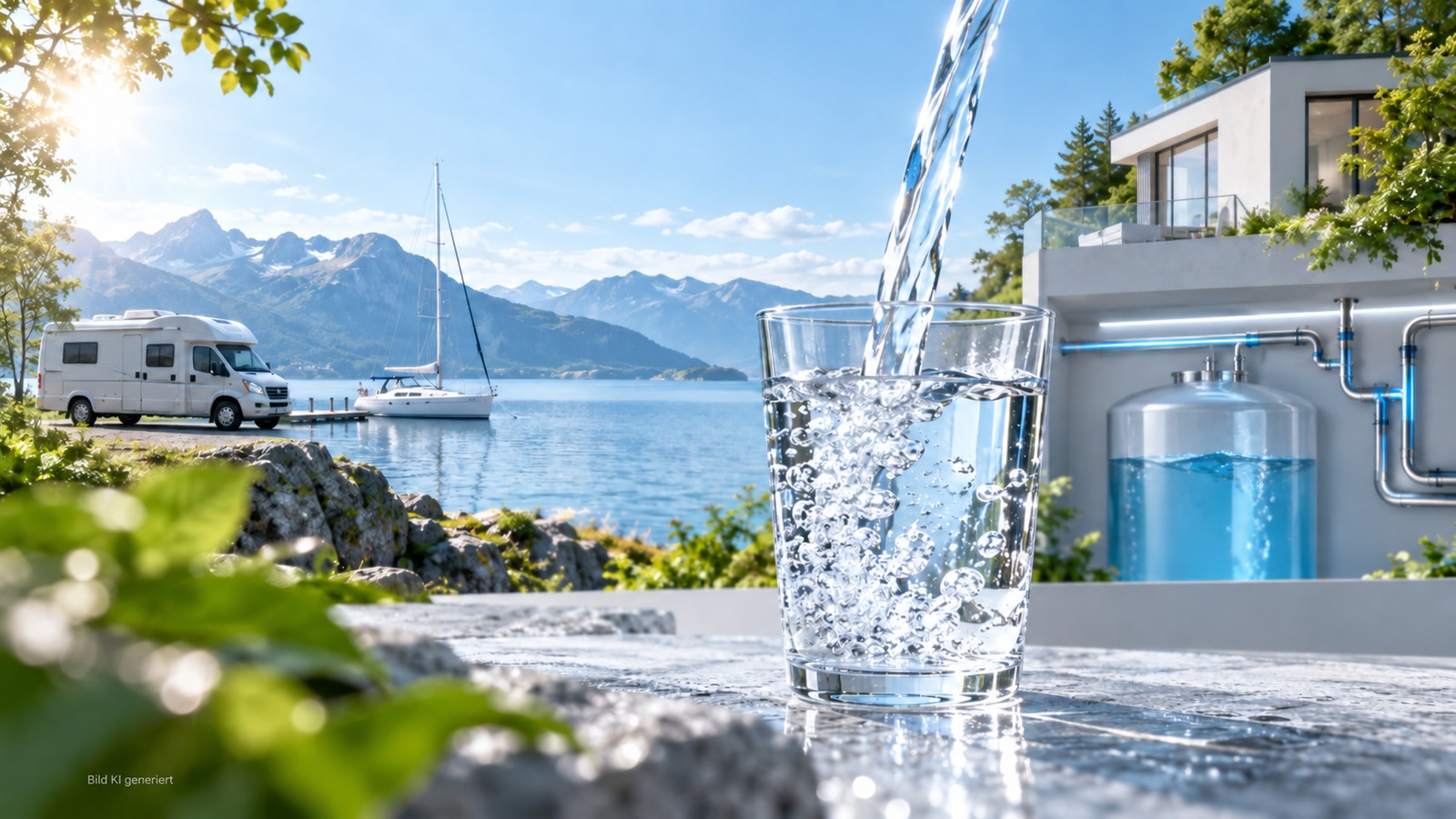 KI-generiertes Motiv: ein Glas Trinkwasser vor einem See, Wohnmobil, Segelboot und einer Trinkwasseranlage